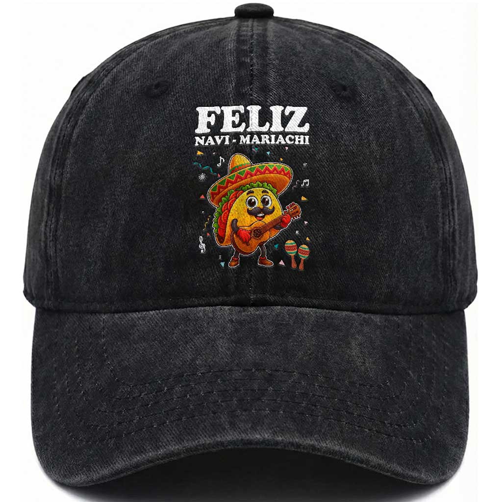 Funny Taco Mexican Christmas Washed Cotton Baseball Cap Feliz Navi Mariachi TS14 Washed Cap Universal Fit Black Print Your Wear