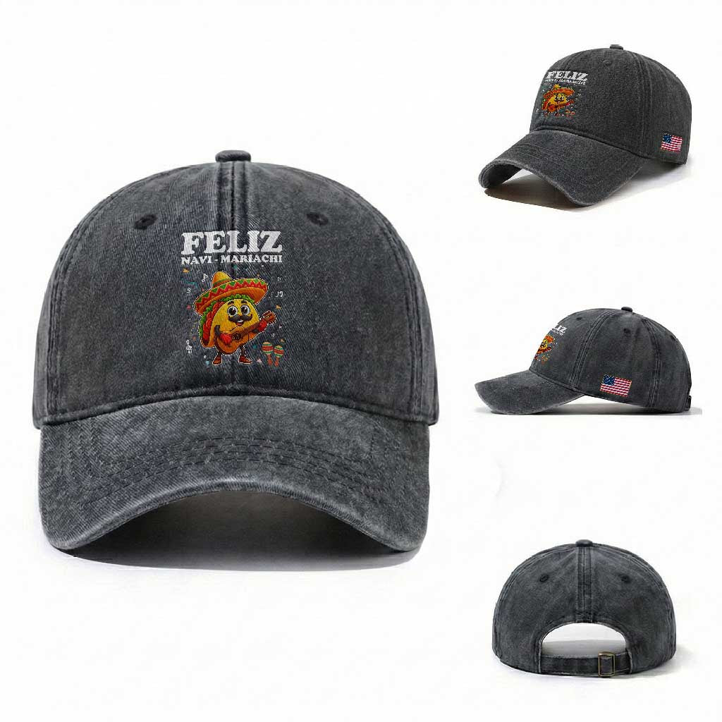 Funny Taco Mexican Christmas Washed Cotton Baseball Cap Feliz Navi Mariachi TS14 Washed Cap Universal Fit Dark Gray Print Your Wear