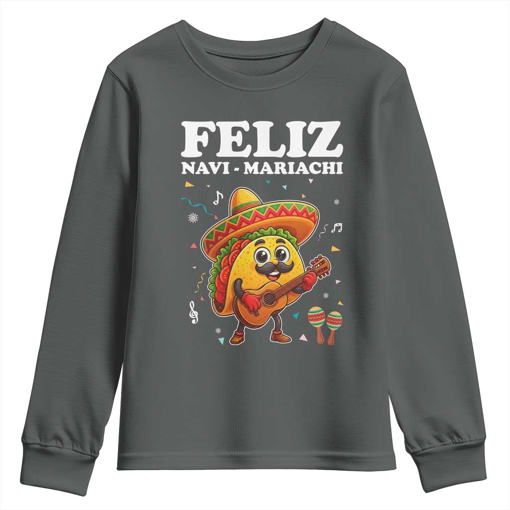 Funny Taco Mexican Christmas Youth Sweatshirt Feliz Navi Mariachi TS14 Dark Heather Print Your Wear