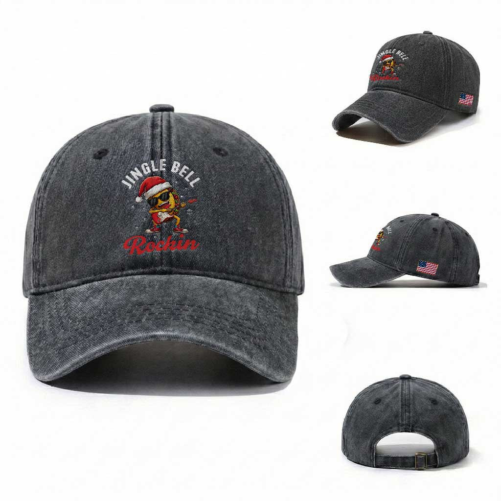 Funny Taco Christmas Washed Cotton Baseball Cap Jingle Bell Rockin TS14 Washed Cap Universal Fit Dark Gray Print Your Wear