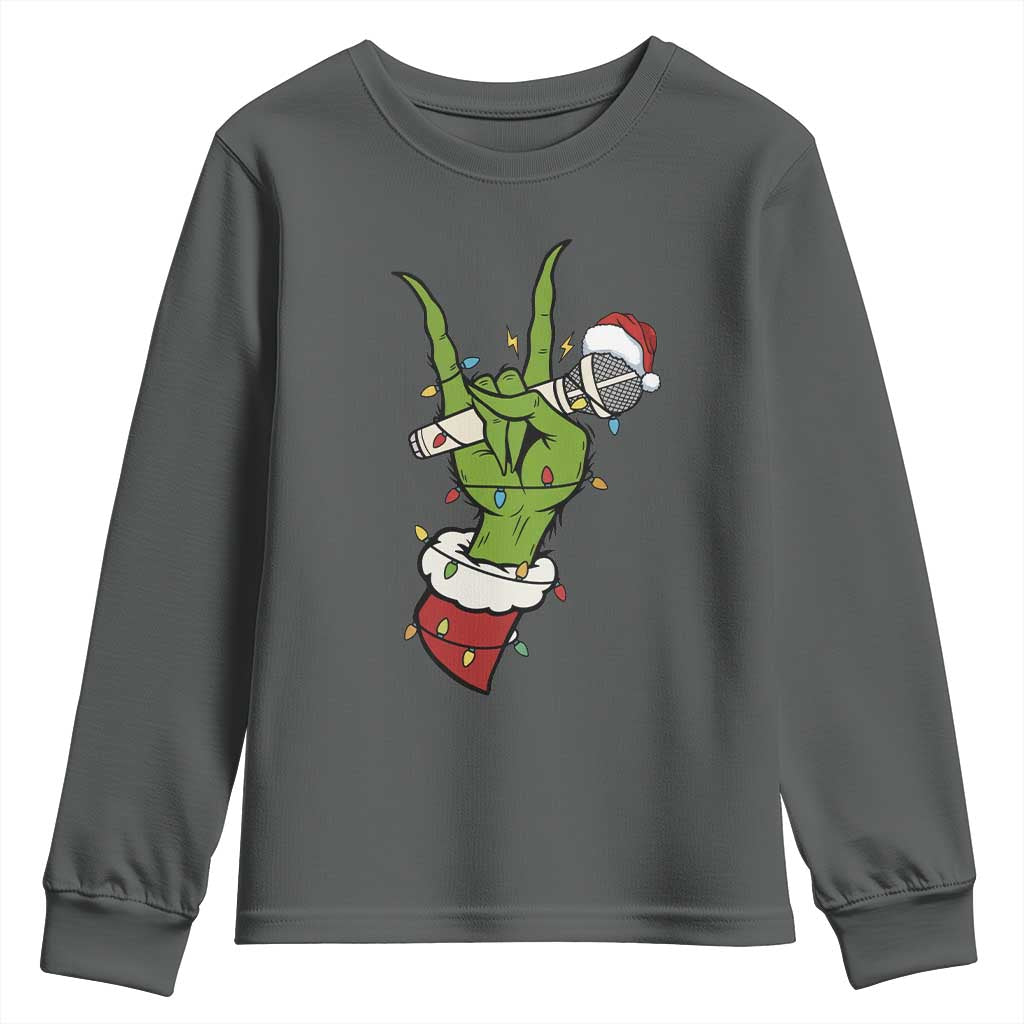 Funny Christmas Rock Youth Sweatshirt Rock Green Hand Style Xmas TS14 Dark Heather Print Your Wear