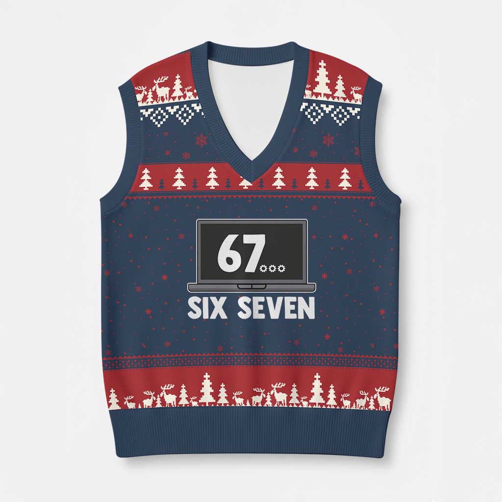 67 Six Seven Meme V-Neck Knit Sweater Vest Funny Tech Support TS14 Navy Red Print Your Wear