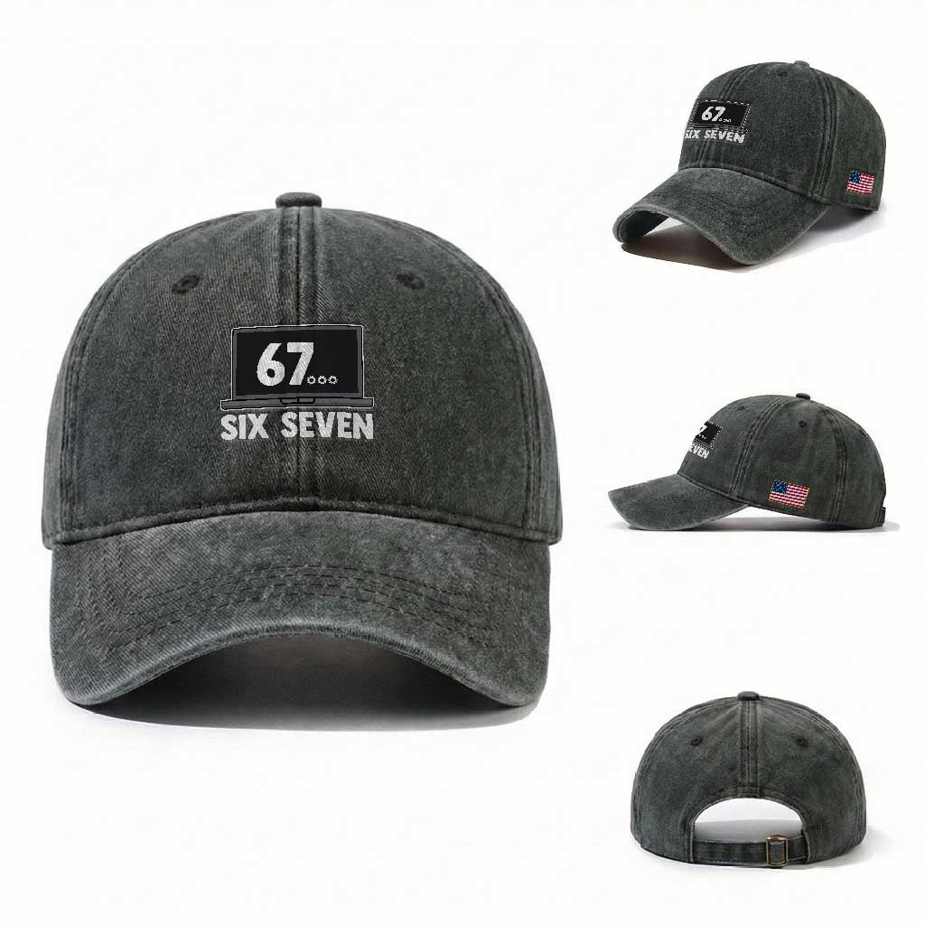 67 Six Seven Meme Washed Cotton Baseball Cap Funny Tech Support TS14 Washed Cap Universal Fit Dark Green Print Your Wear
