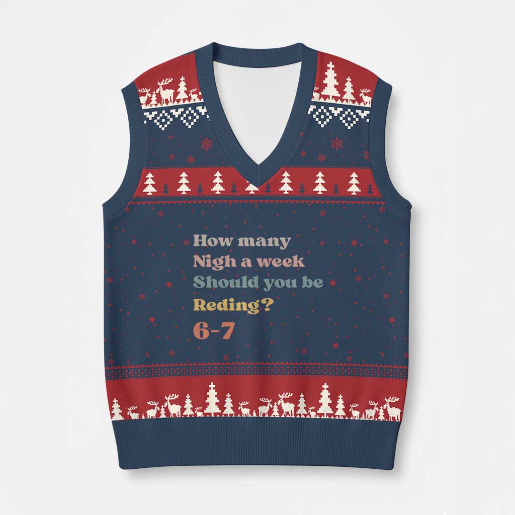 67 Six Seven Meme V-Neck Knit Sweater Vest How Many Nights Reading 67 TS14 Navy Red Print Your Wear