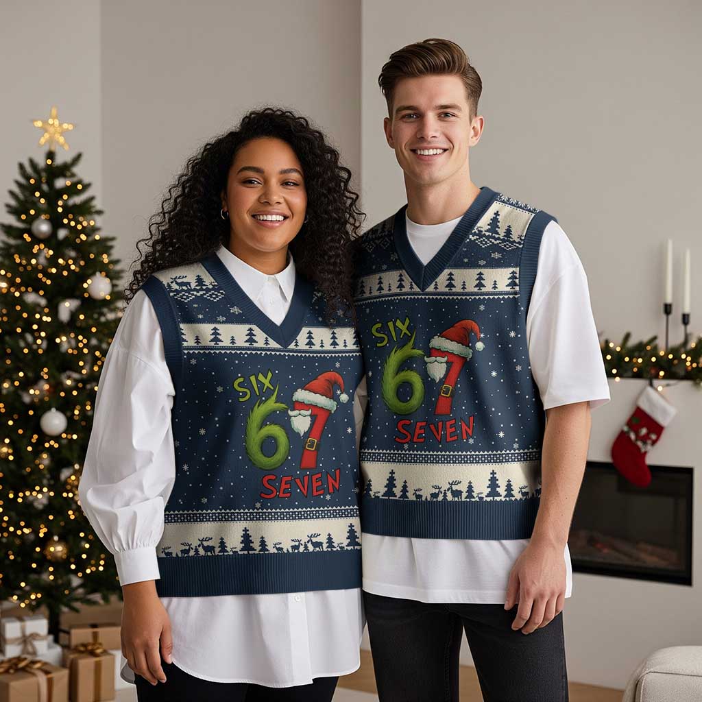 67 Six Seven Xmas Meme V-Neck Knit Sweater Vest Funny Santa Xmas TS14 Navy Beige Print Your Wear