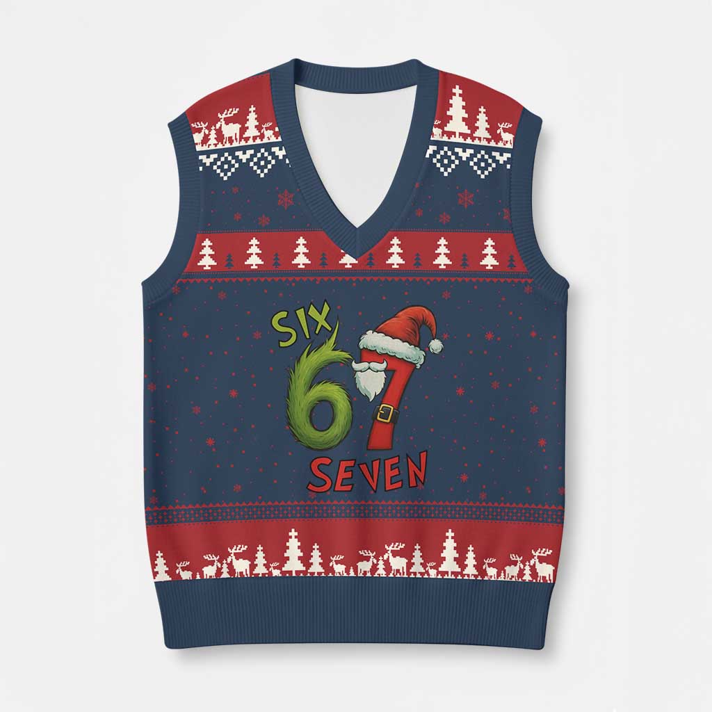 67 Six Seven Xmas Meme V-Neck Knit Sweater Vest Funny Santa Xmas TS14 Navy Red Print Your Wear