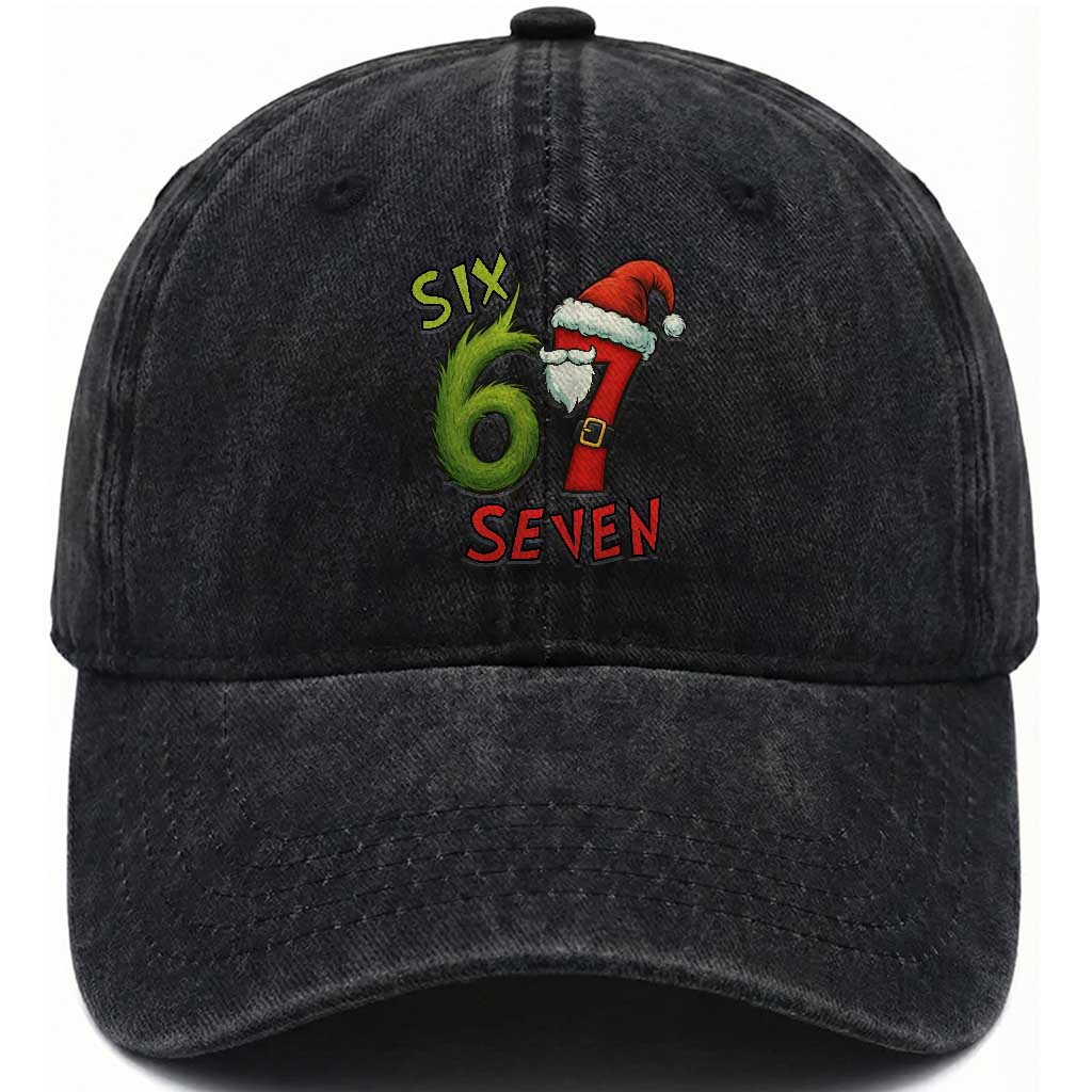 67 Six Seven Christmas Meme Washed Cotton Baseball Cap Funny Santa Xmas TS14 Washed Cap Universal Fit Black Print Your Wear
