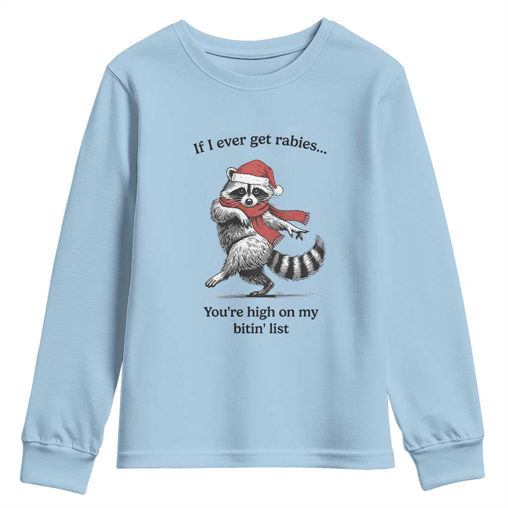 Funny Racoon Christmas Youth Sweatshirt If I Ever Get Rabies You're High On My Bitting List TS14 Light Blue Print Your Wear
