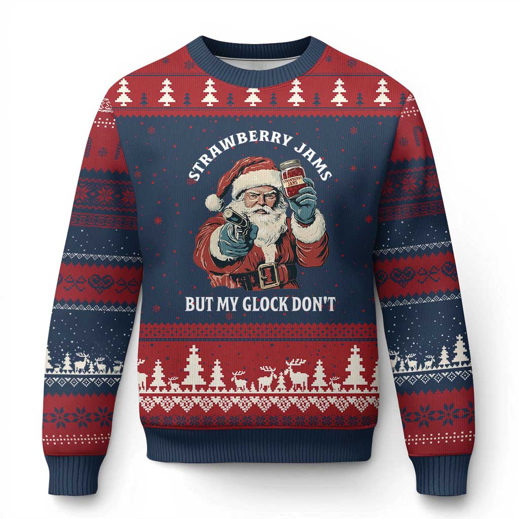 Strawberry Jams But My Gun Do Not Ugly Christmas Sweater Funny Santa Gun Xmas TS14 Navy Red Print Your Wear