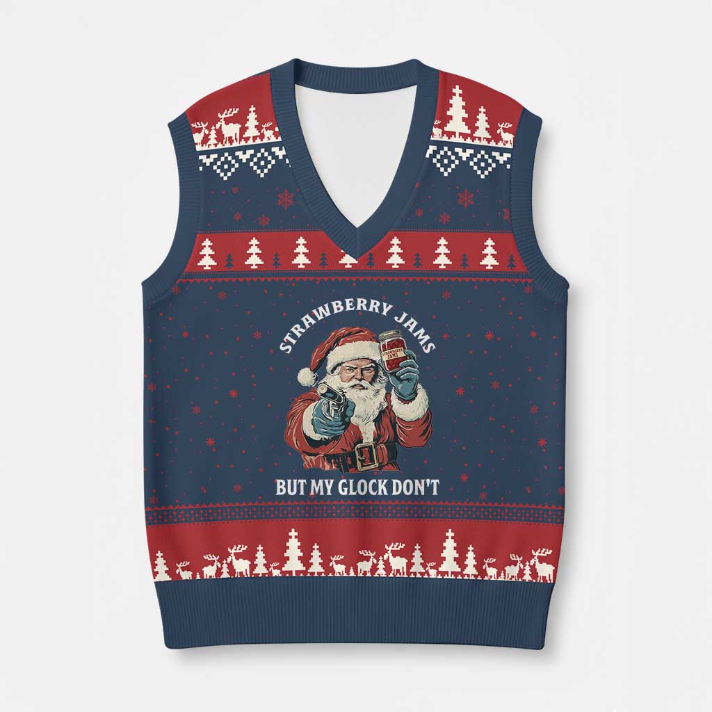 Strawberry Jams But My Gun Do Not V-Neck Knit Sweater Vest Funny Santa Gun Xmas TS14 Navy Red Print Your Wear