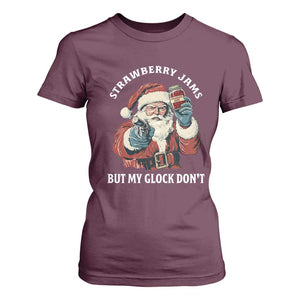 Strawberry Jams But My Gun Do Not T Shirt For Women Funny Santa Gun Christmas TS14 Maroon Print Your Wear