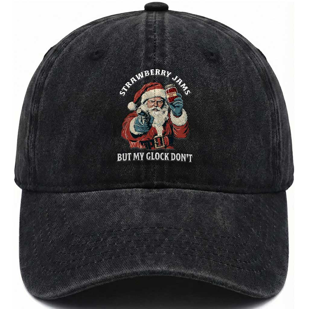 Strawberry Jams But My Gun Do Not Washed Cotton Baseball Cap Funny Santa Gun Christmas TS14 Washed Cap Universal Fit Black Print Your Wear