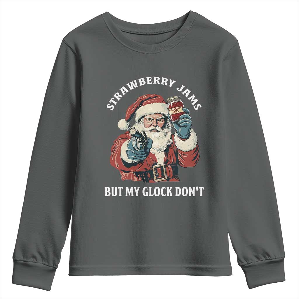 Strawberry Jams But My Gun Do Not Youth Sweatshirt Funny Santa Gun Christmas TS14 Dark Heather Print Your Wear