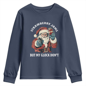 Strawberry Jams But My Gun Do Not Youth Sweatshirt Funny Santa Gun Christmas TS14 Navy Print Your Wear