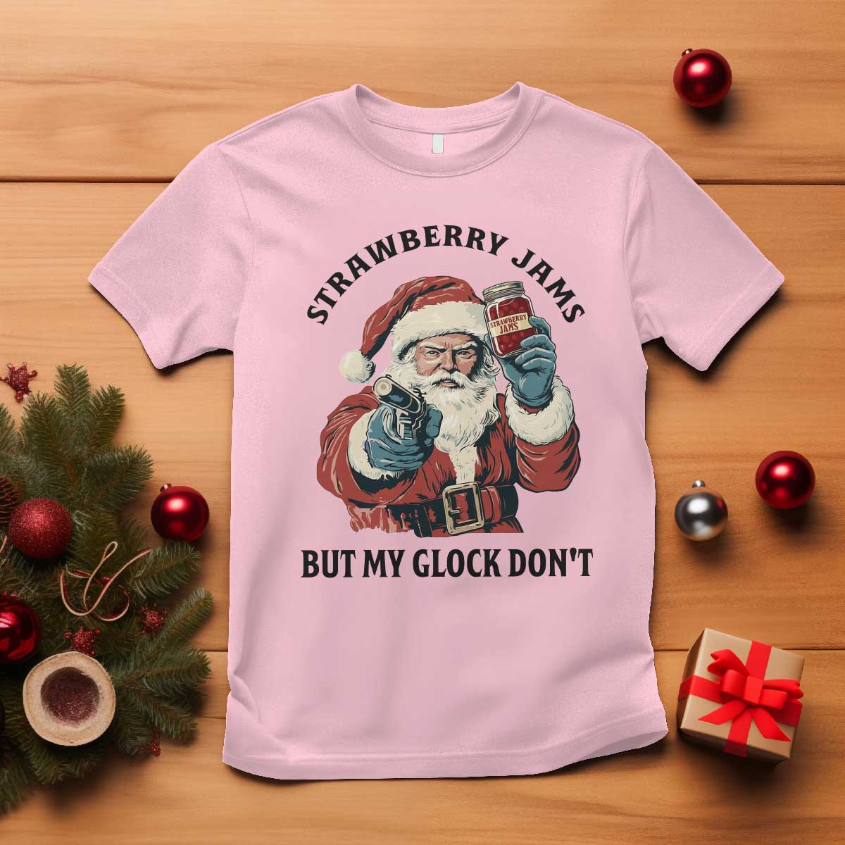 Funny Santa Gun Christmas T Shirt Strawberry Jams But My Gun Do Not TS14 Light Pink Print Your Wear