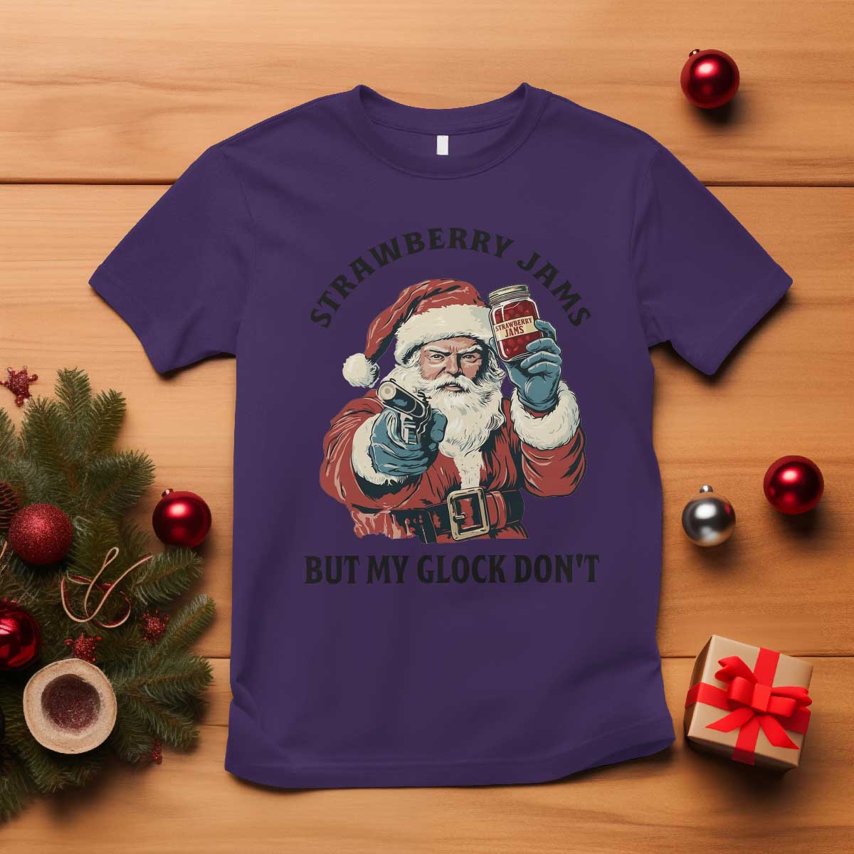 Funny Santa Gun Christmas T Shirt Strawberry Jams But My Gun Do Not TS14 Purple Print Your Wear