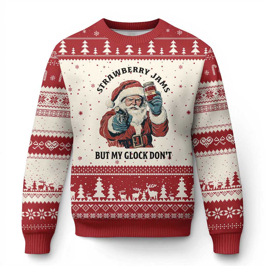 Funny Santa Gun Xmas Ugly Christmas Sweater Strawberry Jams But My Gun Do Not TS14 Beige Red Print Your Wear