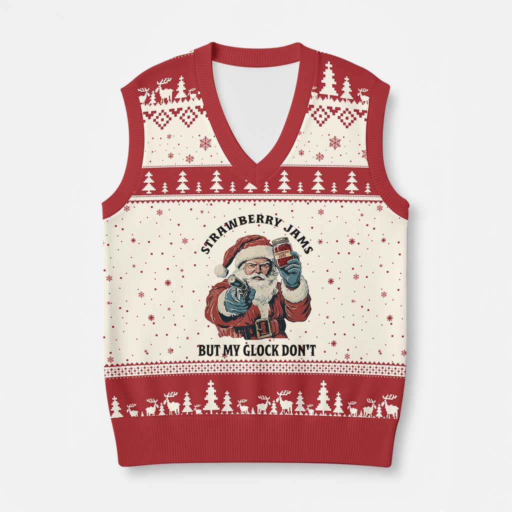 Funny Santa Gun Xmas V-Neck Knit Sweater Vest Strawberry Jams But My Gun Do Not TS14 Beige Red Print Your Wear