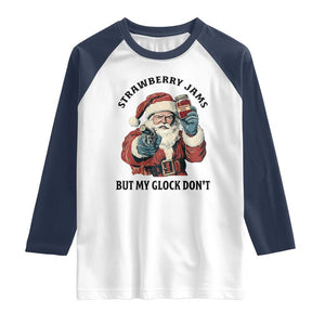 Funny Santa Gun Christmas Raglan Shirt Strawberry Jams But My Gun Do Not TS14 White Navy Print Your Wear