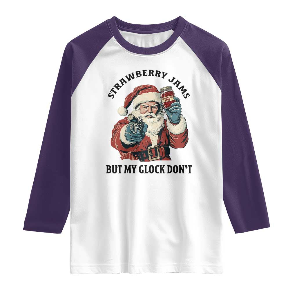 Funny Santa Gun Christmas Raglan Shirt Strawberry Jams But My Gun Do Not TS14 White Purple Print Your Wear