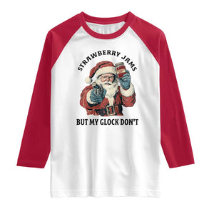 Funny Santa Gun Christmas Raglan Shirt Strawberry Jams But My Gun Do Not TS14 White Red Print Your Wear