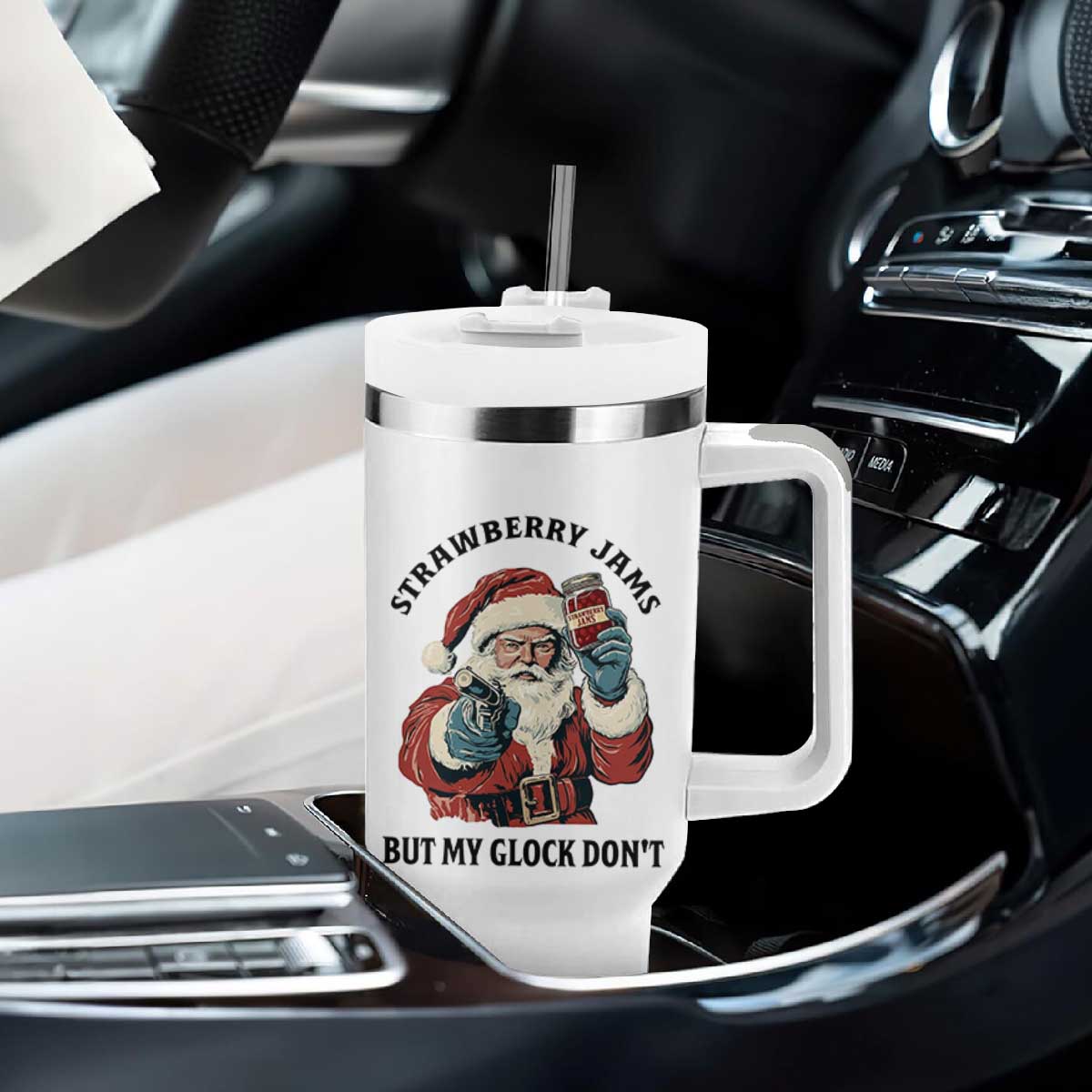 Funny Santa Gun Christmas Tumbler With Handle Strawberry Jams But My Gun Do Not TS14 Print Your Wear