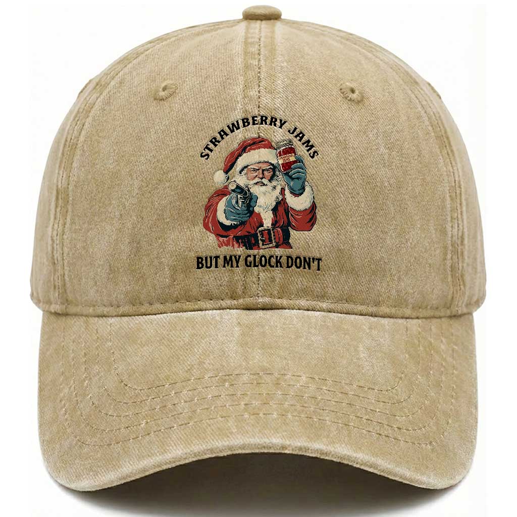 Funny Santa Gun Christmas Washed Cotton Baseball Cap Strawberry Jams But My Gun Do Not TS14 Washed Cap Universal Fit Khaki Print Your Wear
