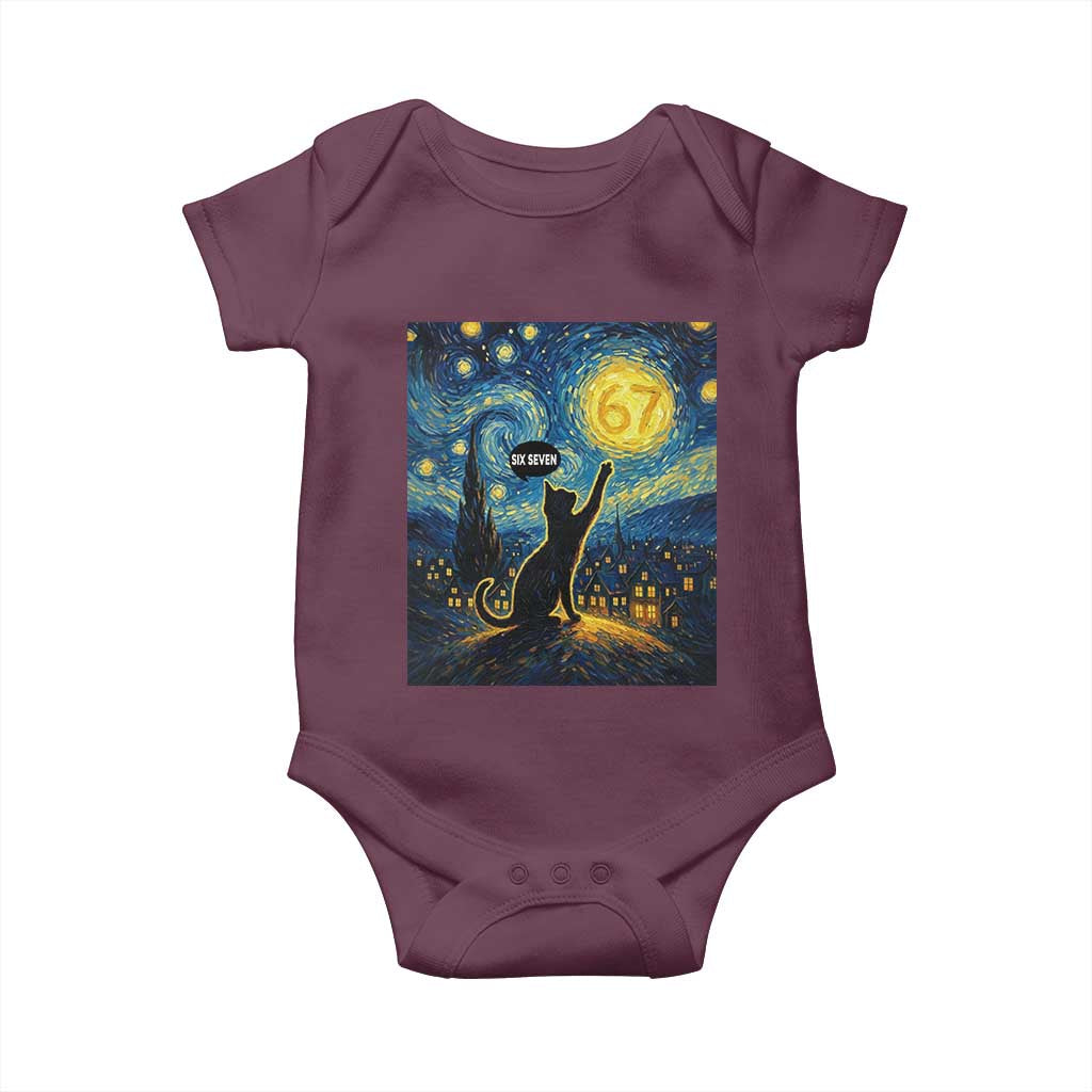 67 Cat Meme Baby Onesie Funny Six Seven Cat Starry Night Van Gogh TS14 Maroon Print Your Wear