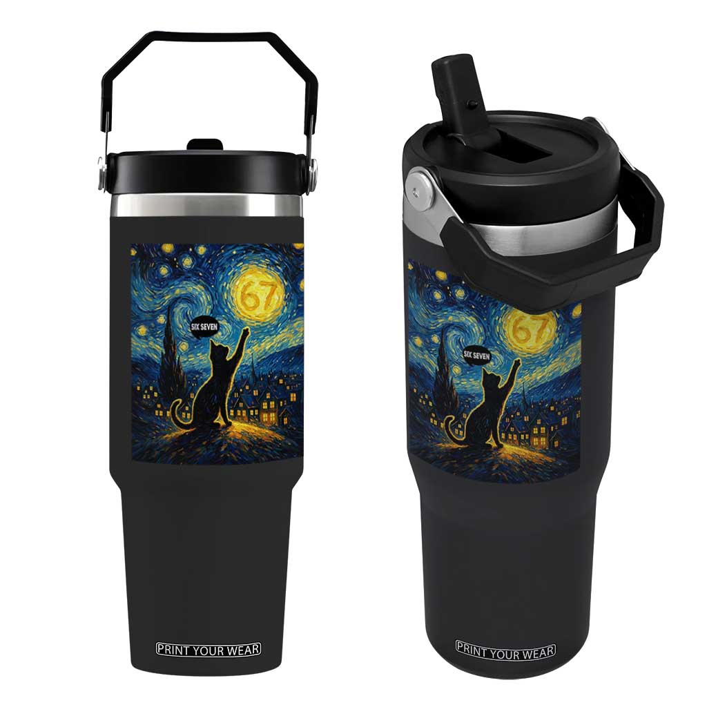 67 Cat Meme Flip Straw Tumbler Funny Six Seven Cat Starry Night Van Gogh TS14 One Size: 30 oz Black Print Your Wear
