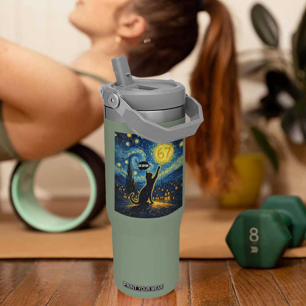 67 Cat Meme Flip Straw Tumbler Funny Six Seven Cat Starry Night Van Gogh TS14 One Size: 30 oz Moss Green Print Your Wear