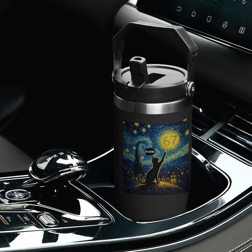 67 Cat Meme Flip Straw Tumbler Funny Six Seven Cat Starry Night Van Gogh TS14 Print Your Wear
