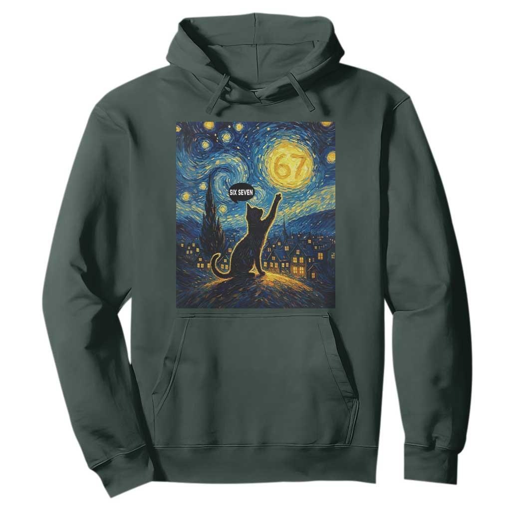 67 Cat Meme Hoodie Funny Six Seven Cat Starry Night Van Gogh TS14 Dark Forest Green Print Your Wear