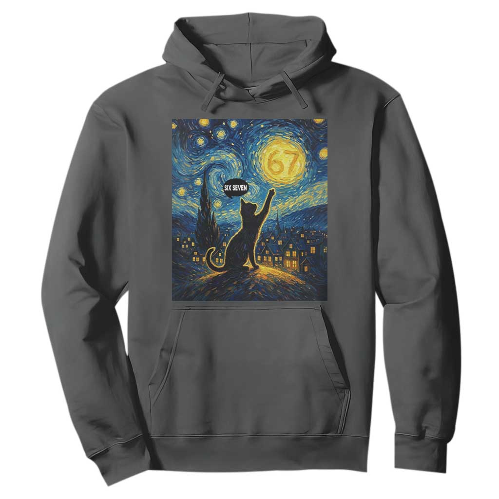 67 Cat Meme Hoodie Funny Six Seven Cat Starry Night Van Gogh TS14 Dark Heather Print Your Wear