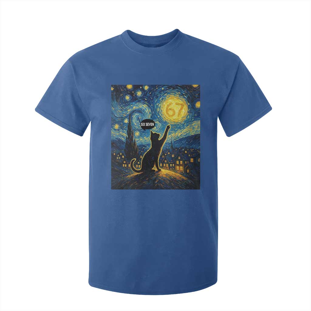 67 Cat Meme T Shirt For Kid Funny Six Seven Cat Starry Night Van Gogh TS14 Royal Blue Print Your Wear