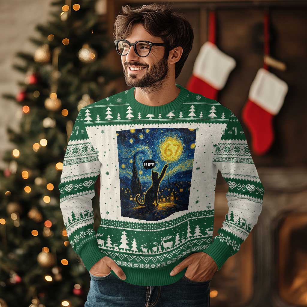 67 Cat Meme Ugly Christmas Sweater Funny Six Seven Cat Starry Night Van Gogh TS14 Beige Green Print Your Wear