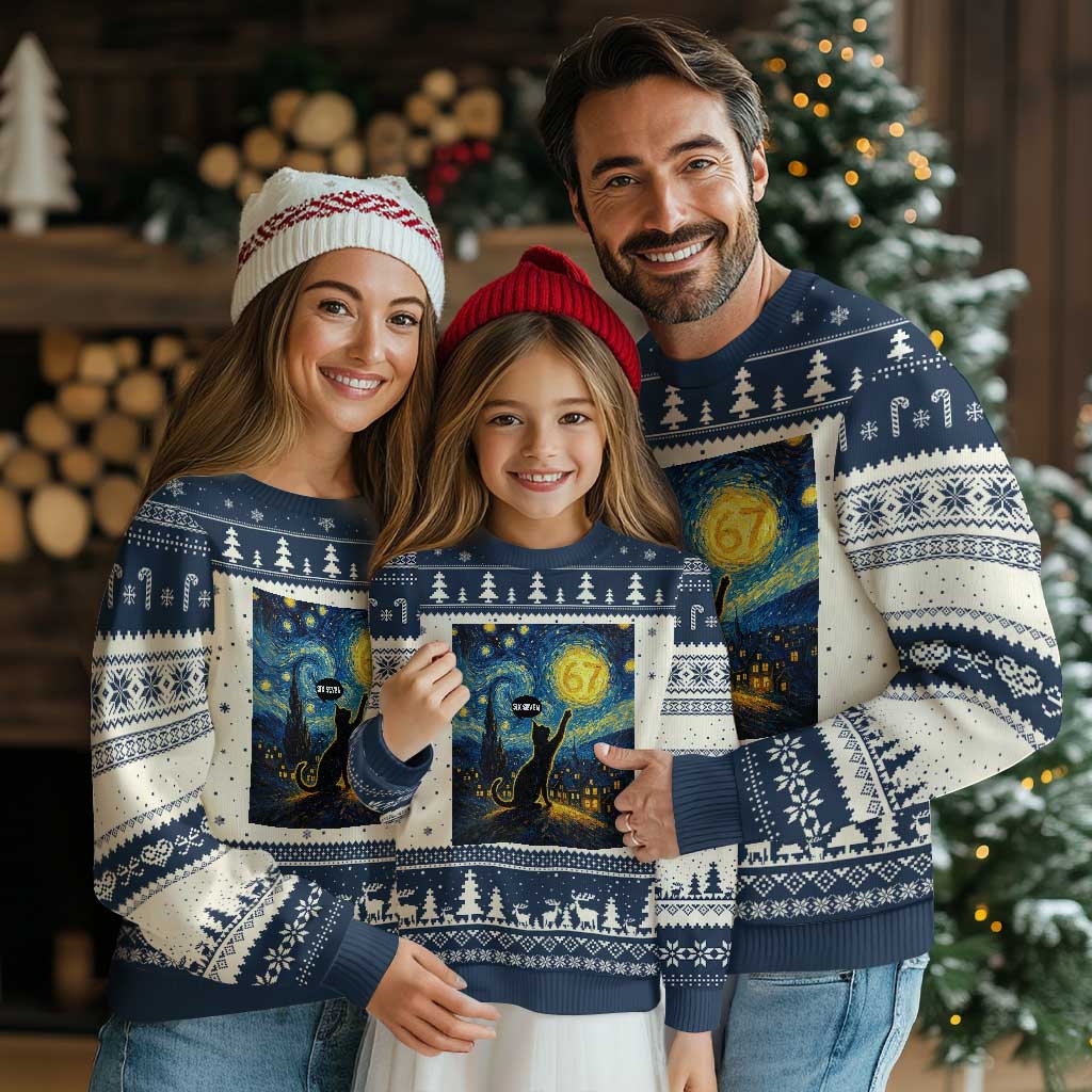 67 Cat Meme Ugly Christmas Sweater Funny Six Seven Cat Starry Night Van Gogh TS14 Beige Navy Print Your Wear