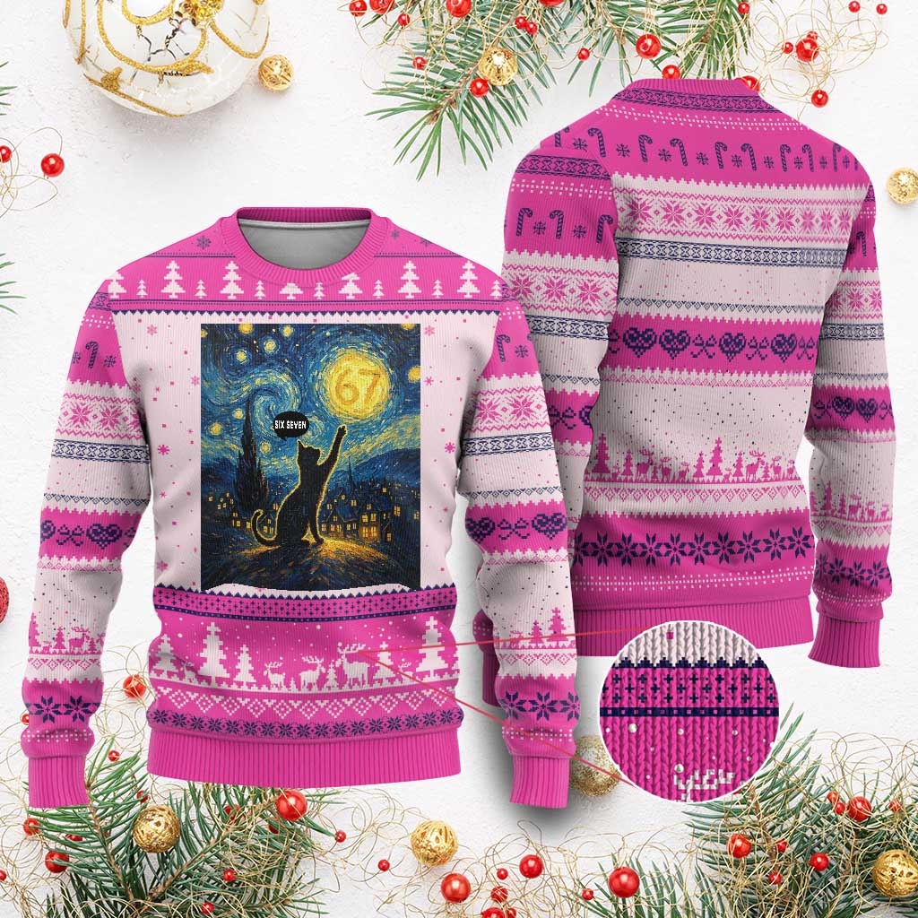 67 Cat Meme Ugly Christmas Sweater Funny Six Seven Cat Starry Night Van Gogh TS14 Hot Pink Print Your Wear