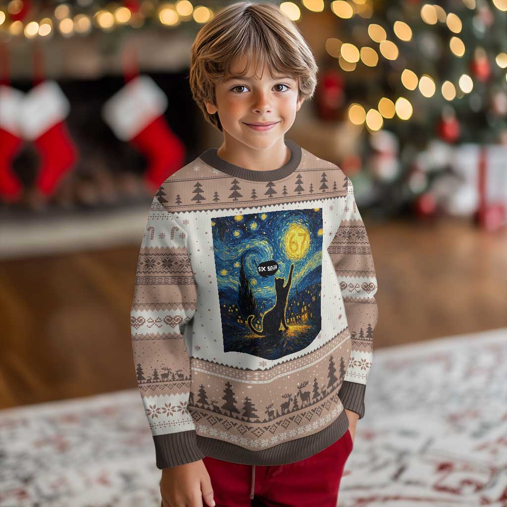 67 Cat Meme Ugly Christmas Sweater Funny Six Seven Cat Starry Night Van Gogh TS14 Mocha Mousse Print Your Wear