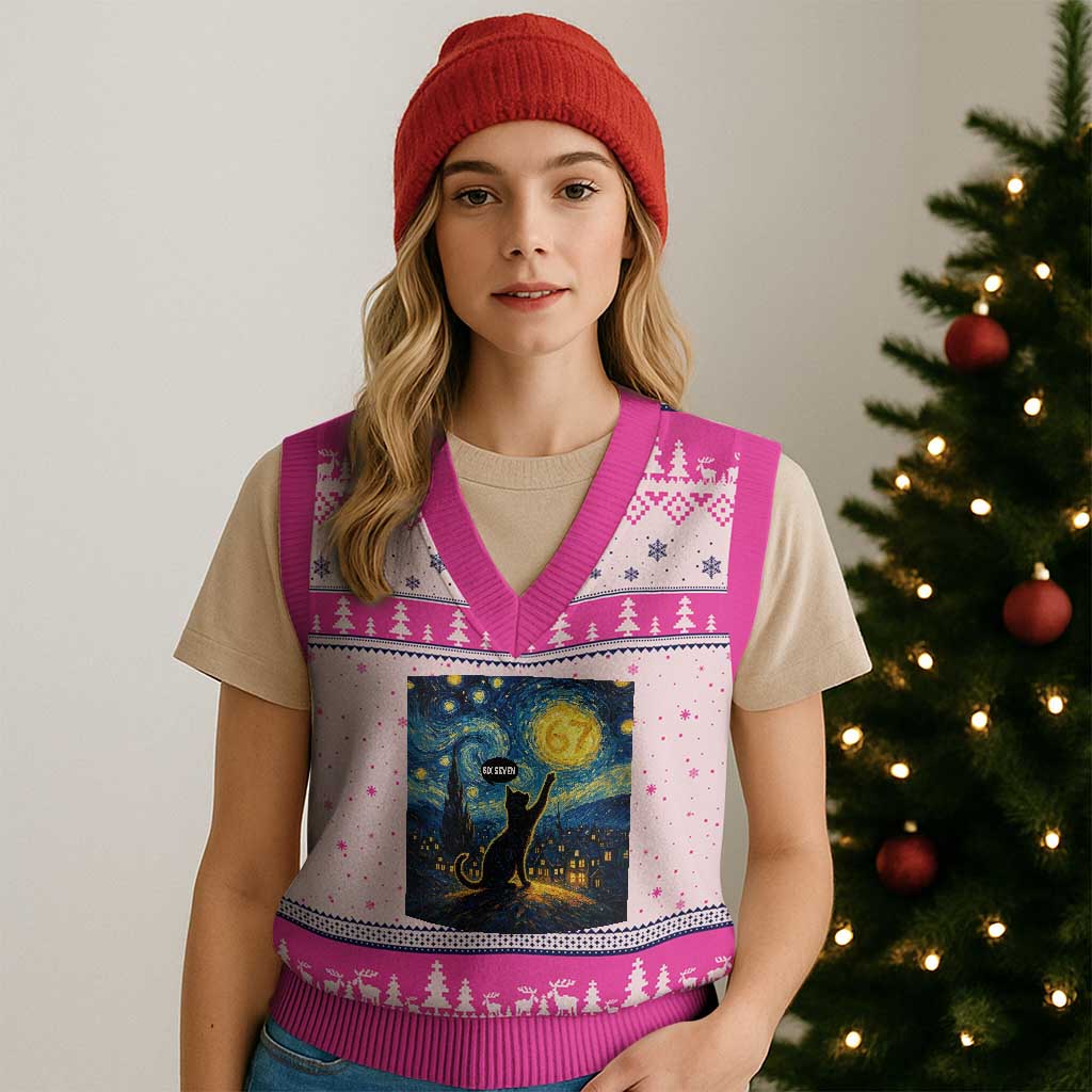 67 Cat Meme V-Neck Knit Sweater Vest Funny Six Seven Cat Starry Night Van Gogh TS14 Hot Pink Print Your Wear