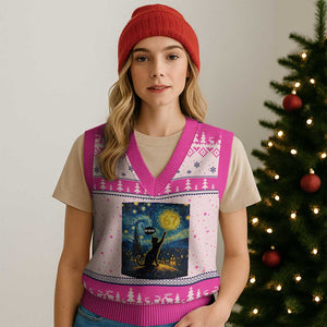 67 Cat Meme V-Neck Knit Sweater Vest Funny Six Seven Cat Starry Night Van Gogh TS14 Hot Pink Print Your Wear
