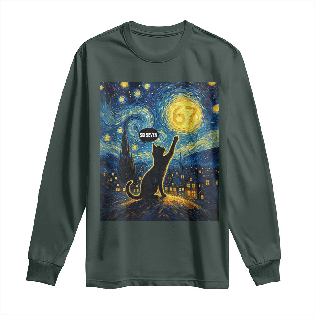 67 Cat Meme Long Sleeve Shirt Funny Six Seven Cat Starry Night Van Gogh TS14 Dark Forest Green Print Your Wear