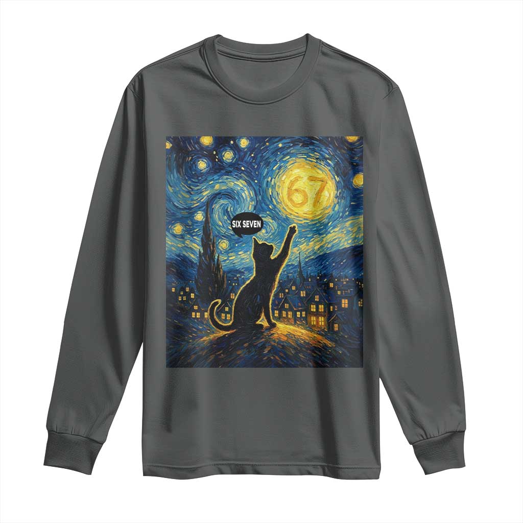 67 Cat Meme Long Sleeve Shirt Funny Six Seven Cat Starry Night Van Gogh TS14 Dark Heather Print Your Wear