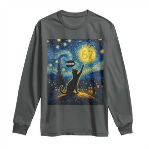 67 Cat Meme Long Sleeve Shirt Funny Six Seven Cat Starry Night Van Gogh TS14 Dark Heather Print Your Wear