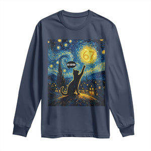 67 Cat Meme Long Sleeve Shirt Funny Six Seven Cat Starry Night Van Gogh TS14 Navy Print Your Wear