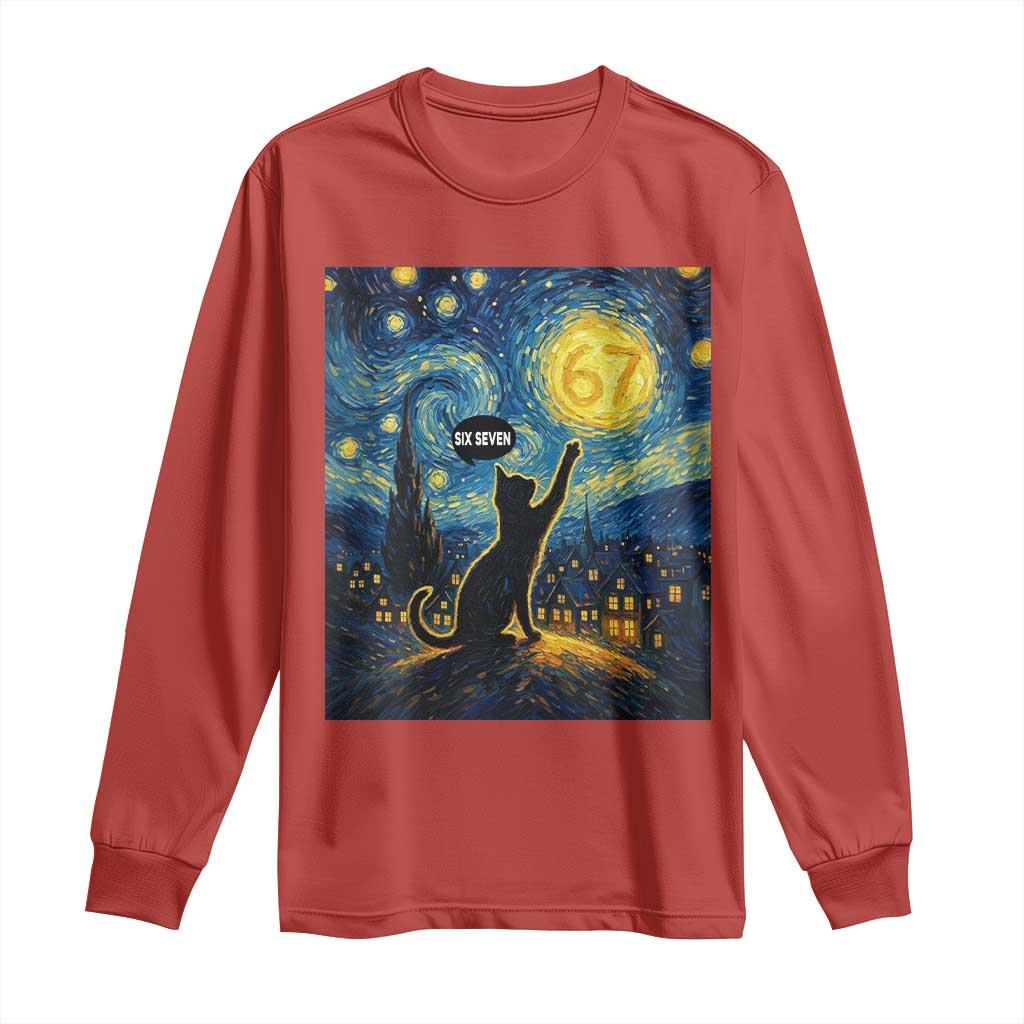 67 Cat Meme Long Sleeve Shirt Funny Six Seven Cat Starry Night Van Gogh TS14 Red Print Your Wear