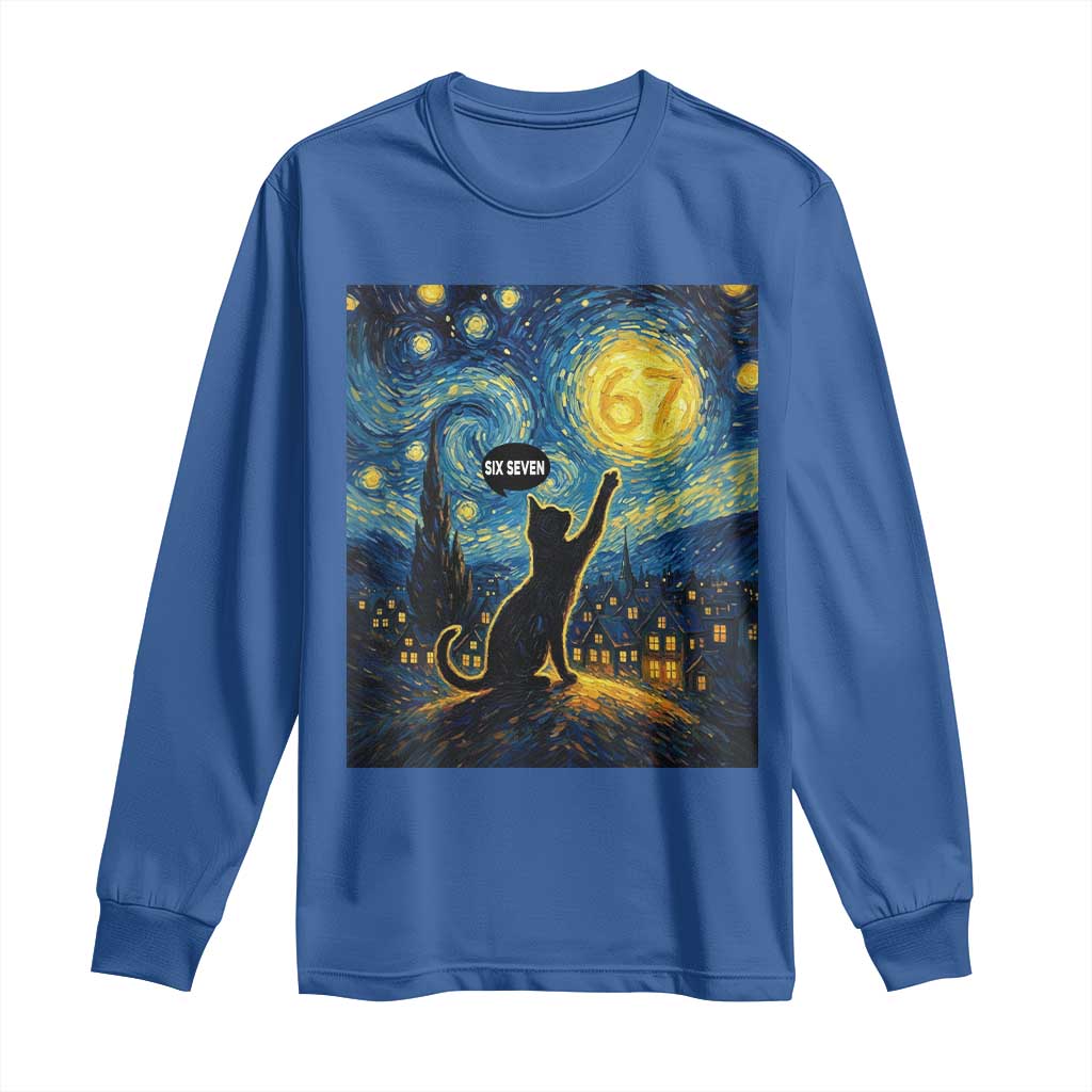 67 Cat Meme Long Sleeve Shirt Funny Six Seven Cat Starry Night Van Gogh TS14 Royal Blue Print Your Wear
