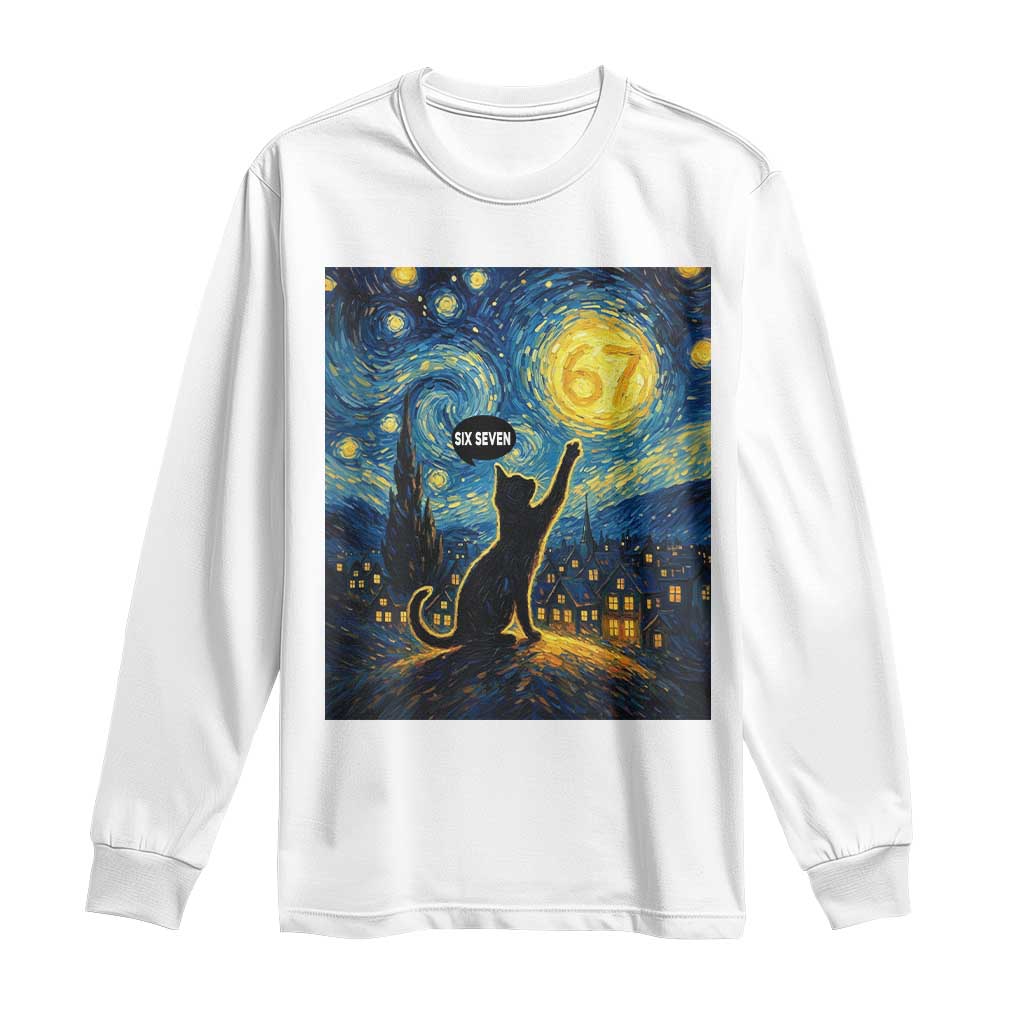 67 Cat Meme Long Sleeve Shirt Funny Six Seven Cat Starry Night Van Gogh TS14 White Print Your Wear