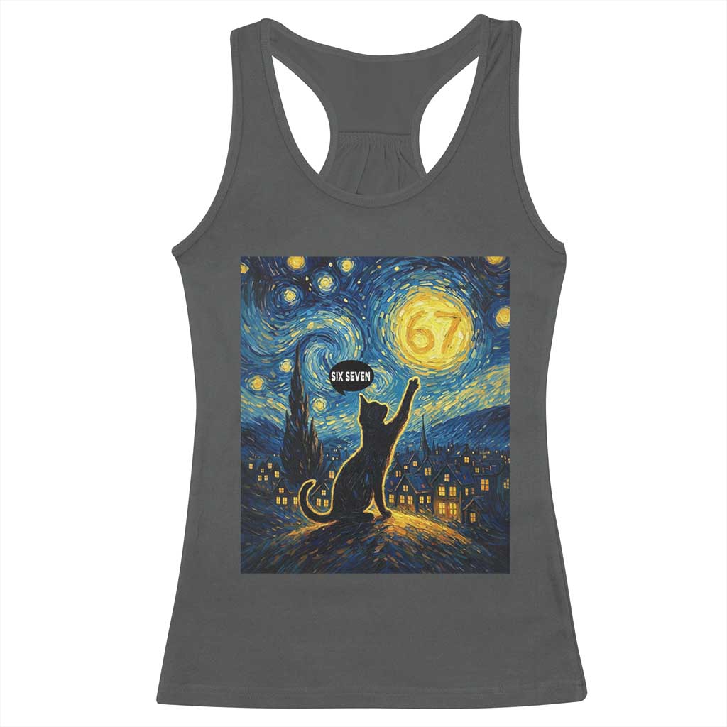 67 Cat Meme Racerback Tank Top Funny Six Seven Cat Starry Night Van Gogh TS14 Dark Heather Print Your Wear