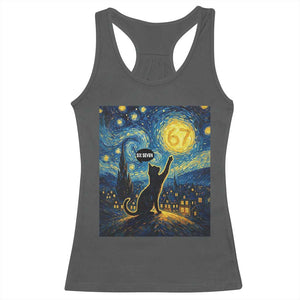 67 Cat Meme Racerback Tank Top Funny Six Seven Cat Starry Night Van Gogh TS14 Dark Heather Print Your Wear