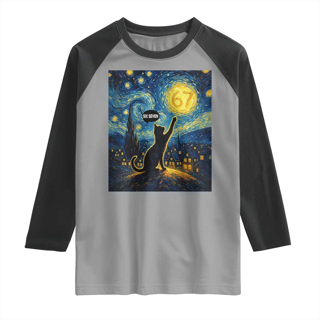 67 Cat Meme Raglan Shirt Funny Six Seven Cat Starry Night Van Gogh TS14 Sport Gray Black Print Your Wear